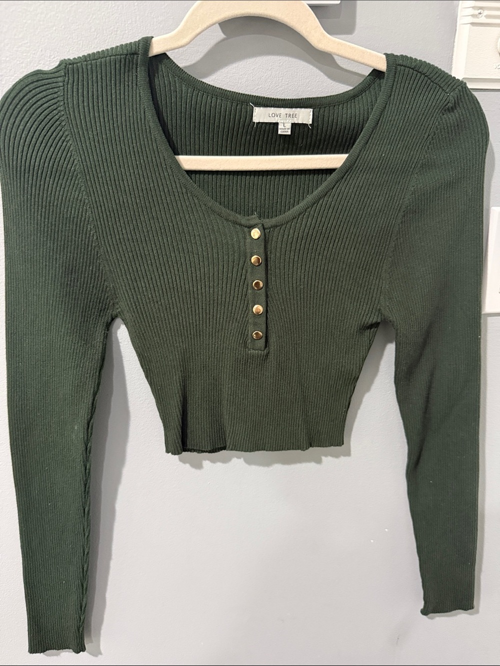 Love Tree Dark Olive Ribbed Henley Cropped Long Sleeve Top